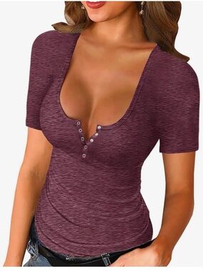 Women’s Scoop Neck Henley Tee - Plum
